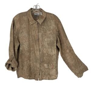 Vintage 90s Chicos Design 100% Linen Top Tie Dye Beige Large Snap Front Roll Tab